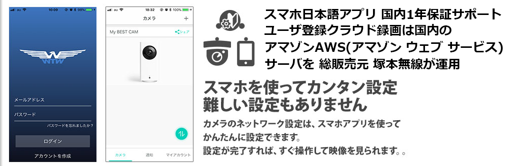 WTW-IPW108J 防犯カメラ 日本国内サポート・日本国内1年保証。ユーザ登録・クラウド録画サーバはアマゾンAWS(Amazon Web Service)サーバで塚本無線が直接契約・運用しています。