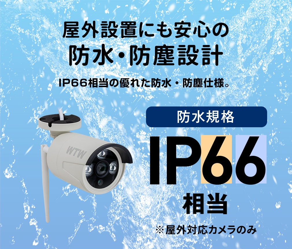 WTW塚本無線の IPC 防犯カメラセット。設置が簡単なWi-Fi屋外防雨仕様カラーカメラセット ケーブル1本で電源と映像を接続出来ますので設置工事が楽です。