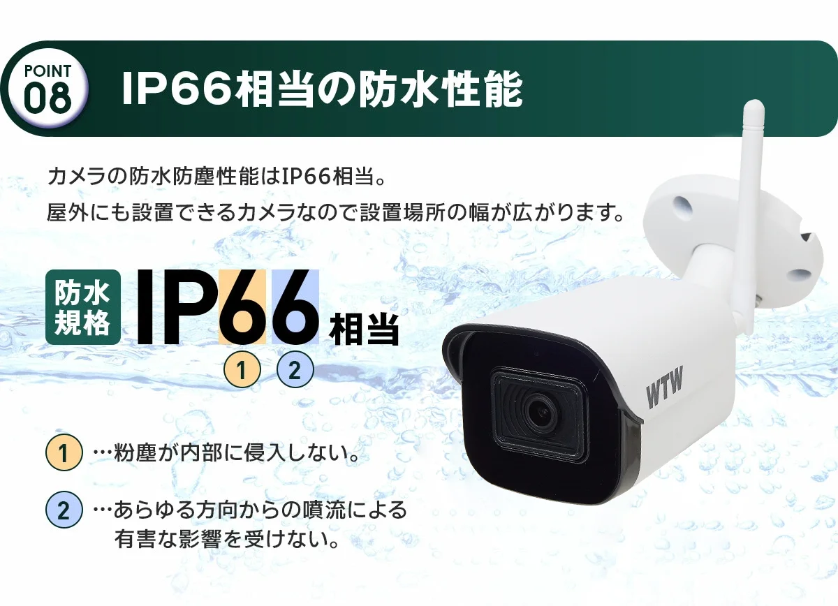 WTW塚本無線の 4K IPC 防犯カメラセット。設置が簡単なWi-Fi屋外防雨仕様カラーカメラセット ケーブル1本で電源と映像を接続出来ますので設置工事が楽です。