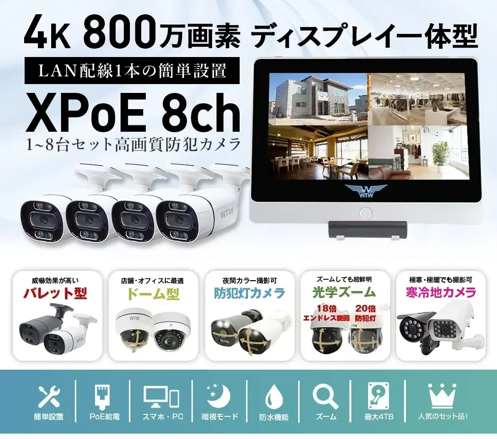 4K 800万画素 ワンケーブルカメラセット 簡単接続 8台カメラ × 8ch録画機(1TB搭載)